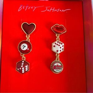 Betsey Johnson Lips, Heart, Dice & Cherry Cola Linear Mismatch Drop Earrings NWT